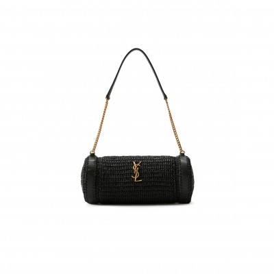 YSL CASSANDRE SMALL CYLINDRIC BAG IN RAFFIA AND VEGETABLE-TANNED LEATHER 1164570 (30*12*10cm)